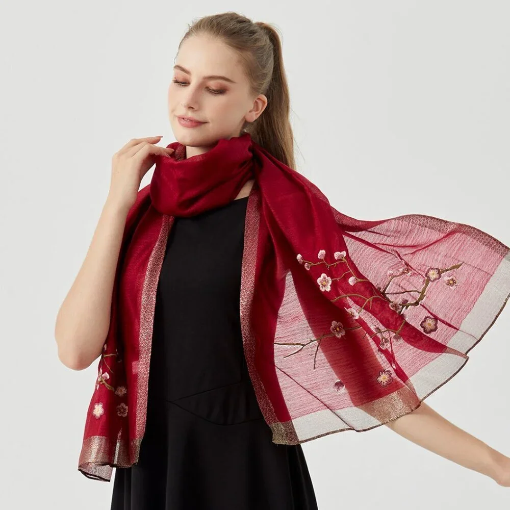 Extra Long Large Silk Blend Scarf Shawl Wrap Embroidered Floral Pattern
